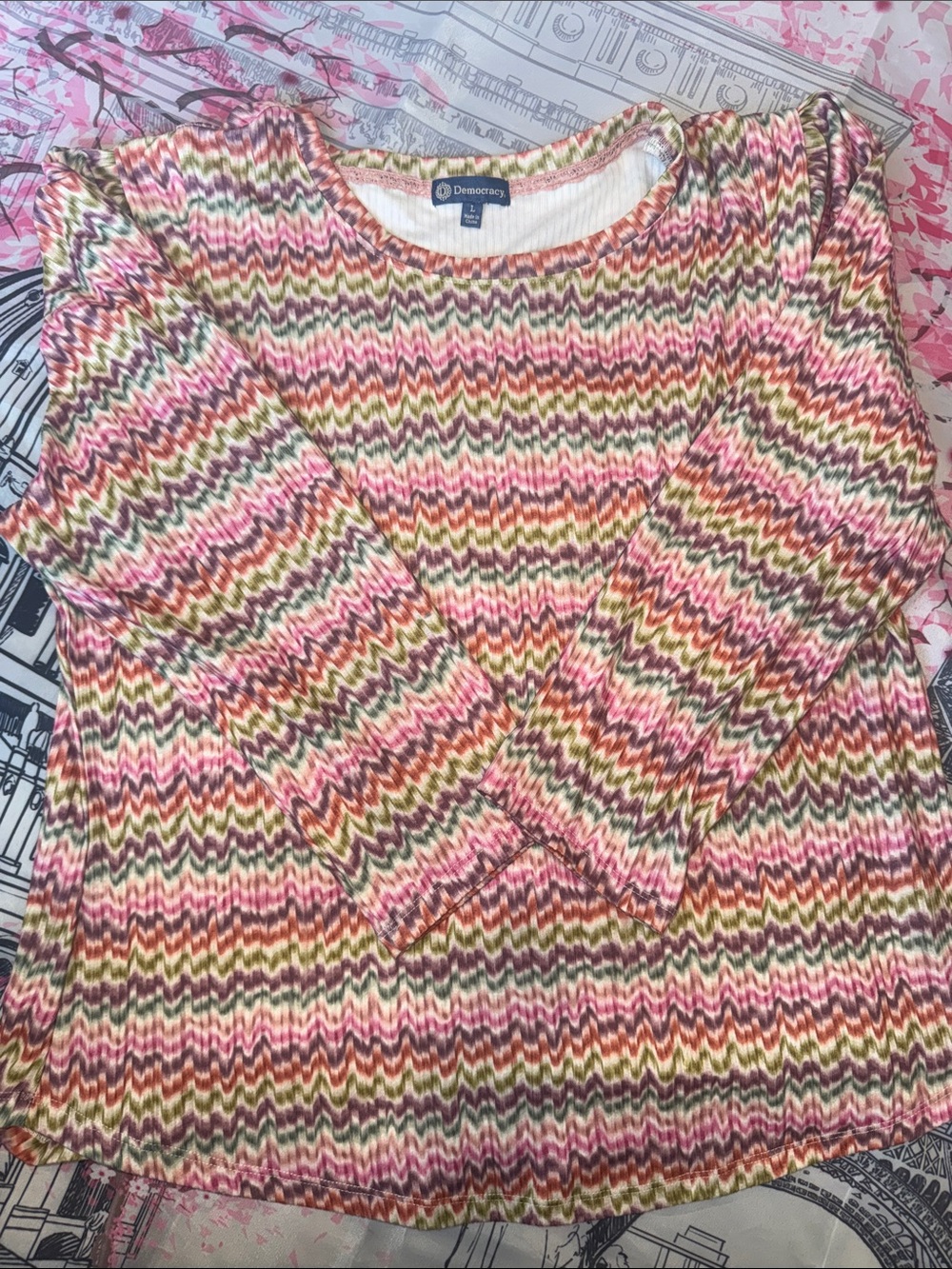 Democracy Chevron Knit Crewneck Sweater in Pink, Green & Cream